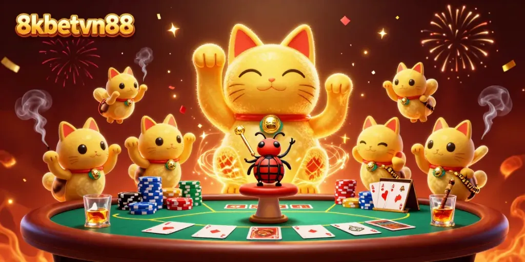 Engage with 8xbetvn88 in a vibrant 3D casino scene featuring a lucky cat made of fireflies, poker elements, and confetti.