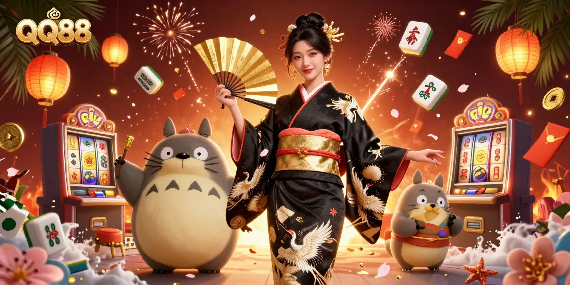 Experience thrilling slots at QQ88 with vibrant characters, games, and festive decorations.