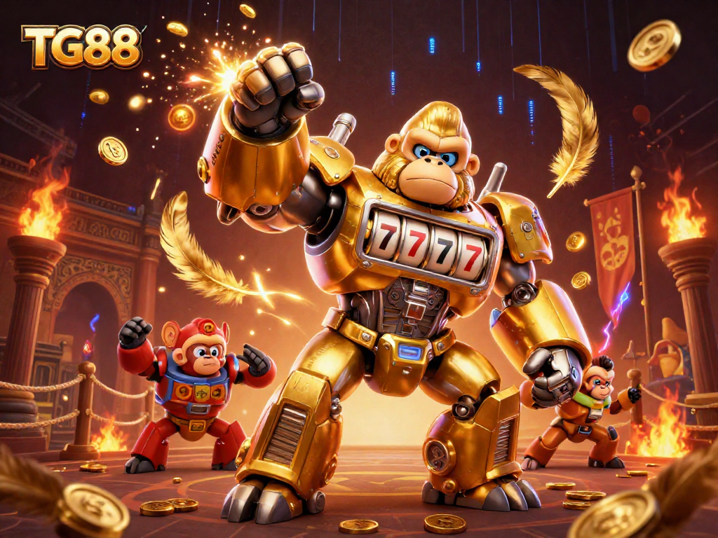 Experience the excitement of TG88 with a golden gorilla mech amid dynamic casino elements.