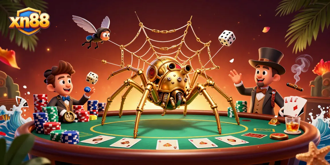 Win exciting games at xn88 with a steampunk spider-themed casino illustration showcasing poker and vibrant elements.