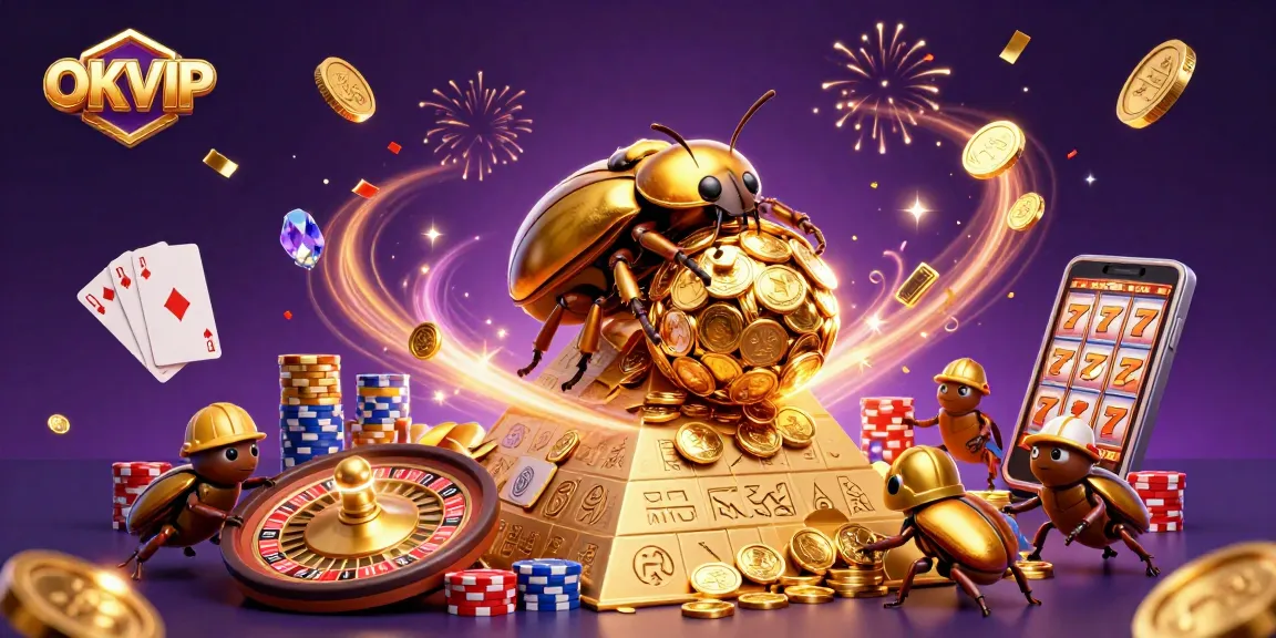 OKVIP promotes win potential in a lively 3D casino scene with golden coins and slot reels.