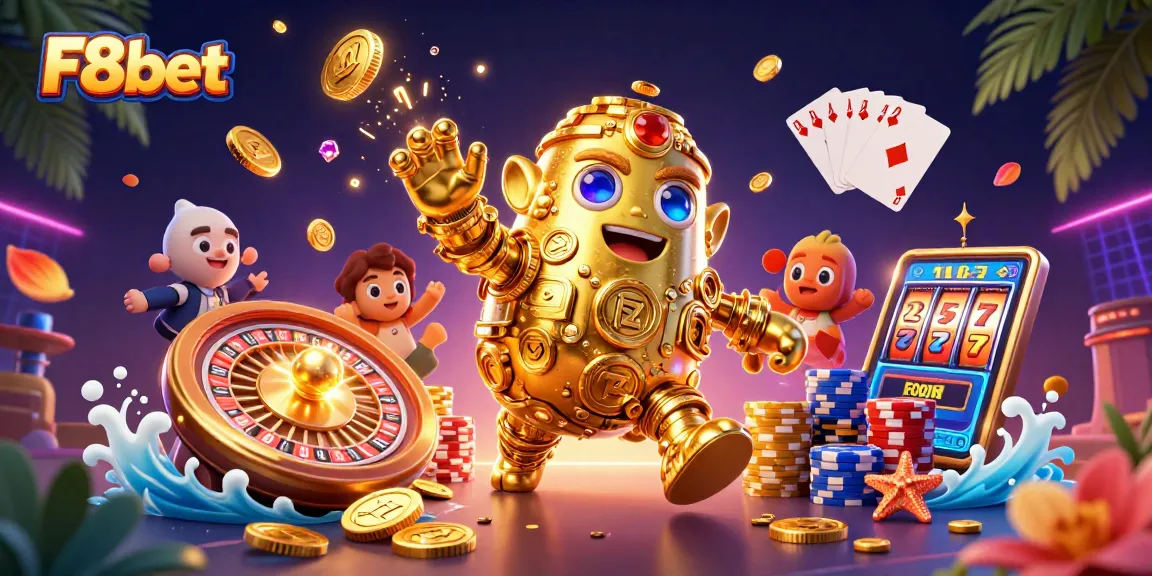 Experience thrilling wins with F8bet's vibrant casino action and golden golem mascot.
