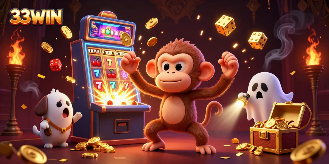 33WIN creates excitement as a mischievous poltergeist monkey and a curious puppy track golden treasures in a casino.