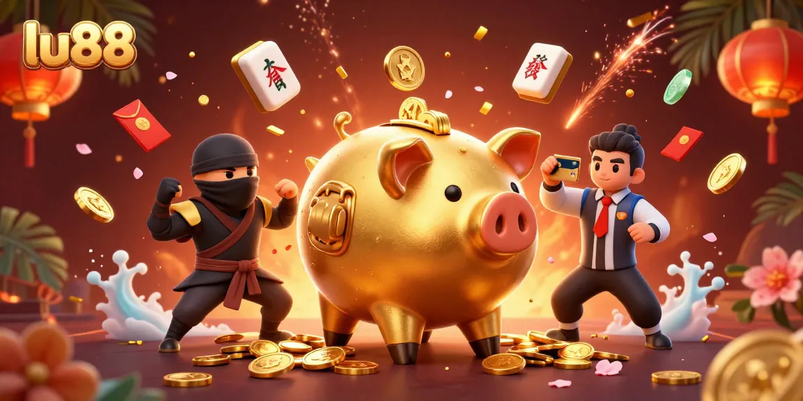 Experience excitement at lu88 with golden piggy bank and vibrant casino elements