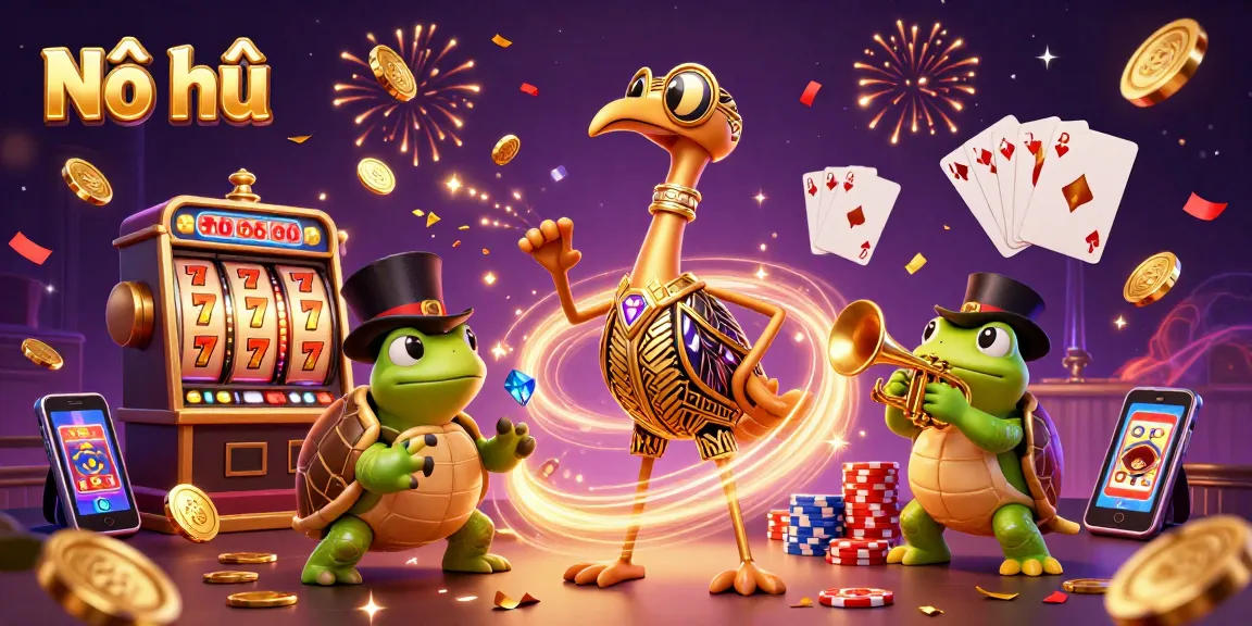 Nổ hũ: Celebrate huge wins with vibrant casino elements and characters in a lively 3D scene.