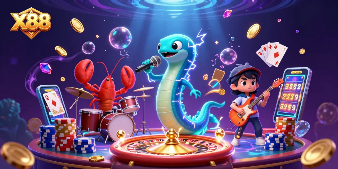 X88 casino features a lively underwater performance with an electric eel DJ and games all around.