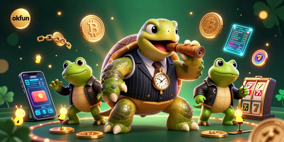 Engage with okfun's vibrant casino world through a lively scene featuring a turtle mobster and bullfrog enforcers.
