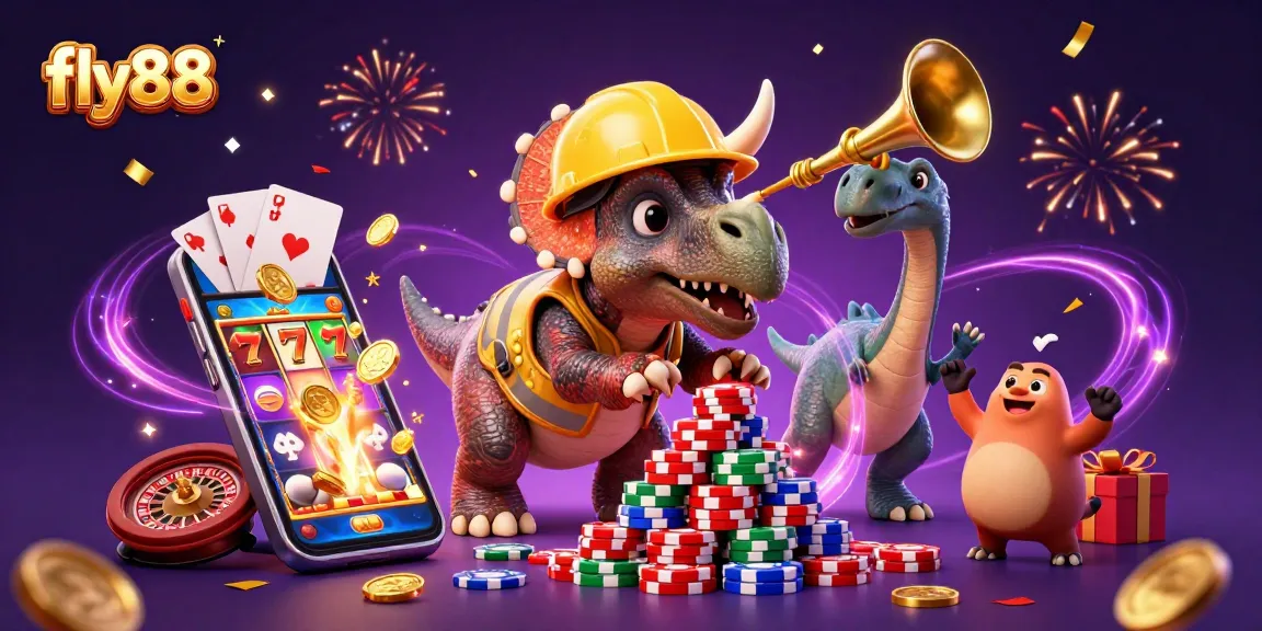 fly88 showcases a vibrant celebration with lively characters and dynamic gaming elements in 3D.