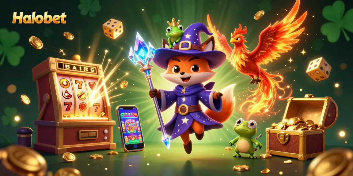 Engage in exciting slots with Halobet's mystical casino illustration featuring a wizard and phoenix.