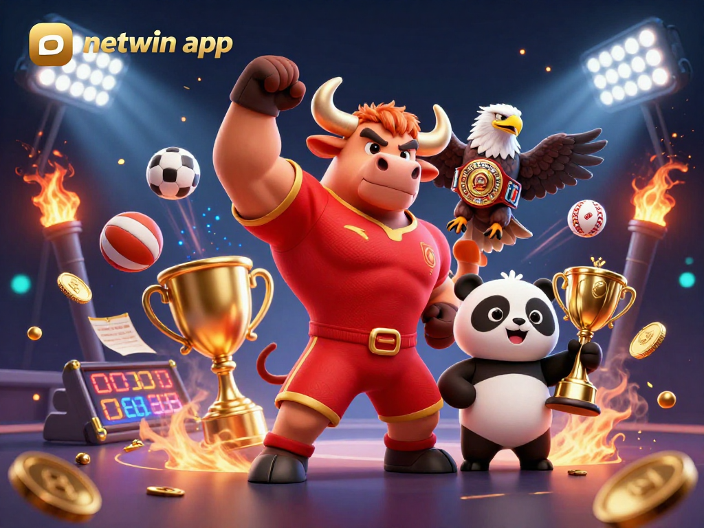 Engage in action with the netwin app as characters celebrate winning sports bets, surrounded by vibrant gaming elements.