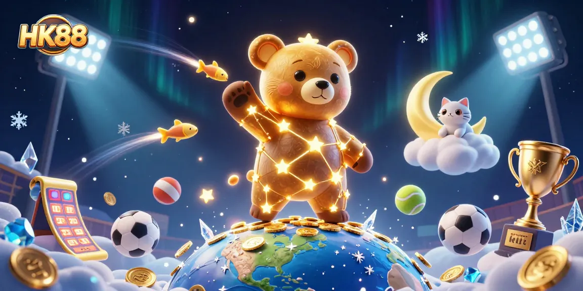 HK88 shines with a vibrant 3D illustration depicting a constellation bear and sports elements.