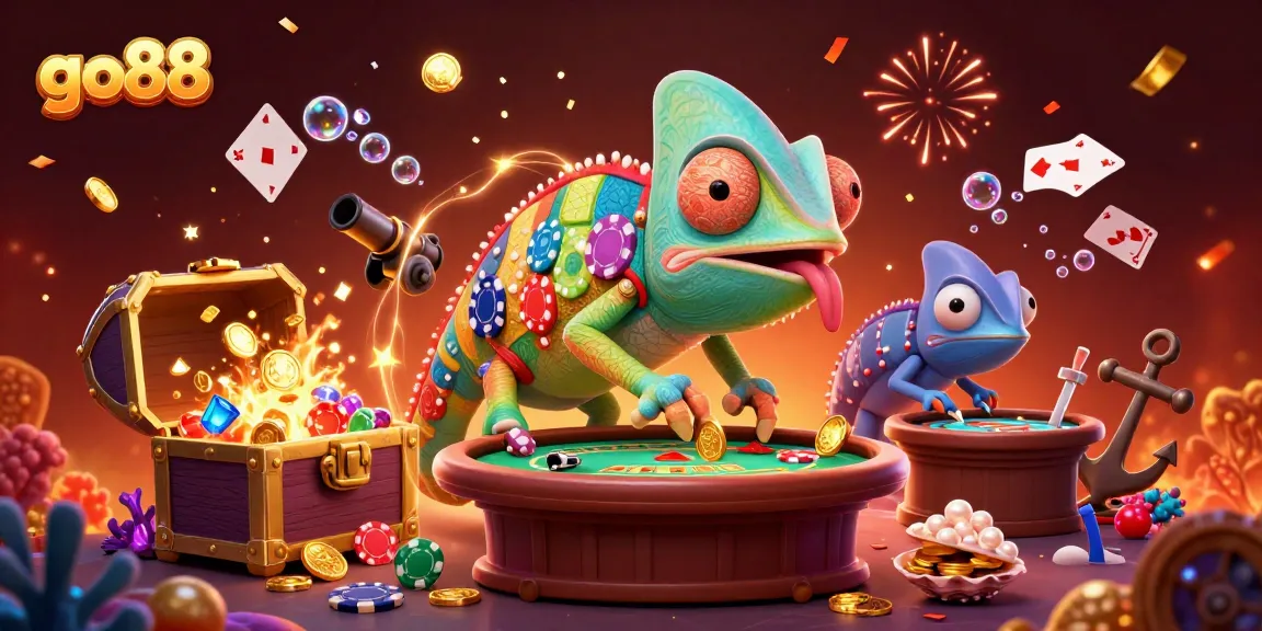 Engage with go88's vibrant casino world featuring a chameleon owner and dynamic game elements.