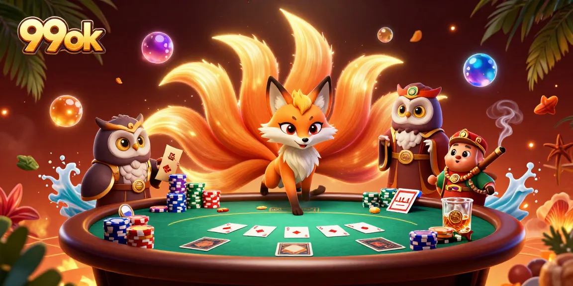 Experience thrilling poker action at 99ok with glowing characters and vibrant casino elements.