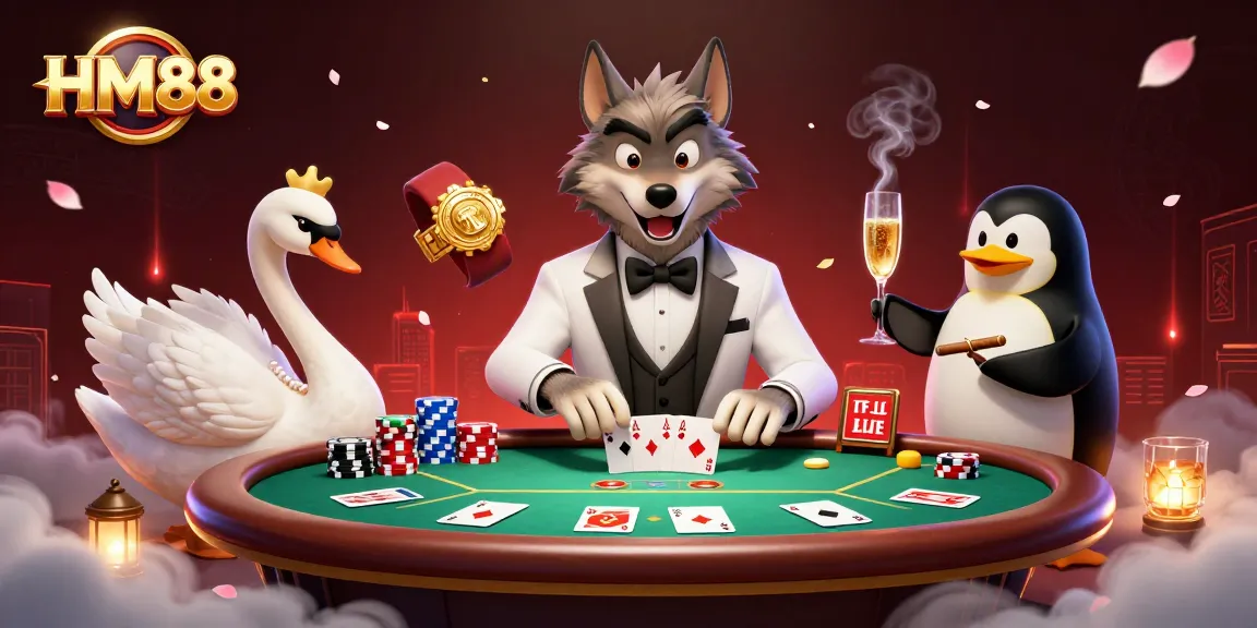 Experience thrilling baccarat action with HM88, as a stylish wolf, elegant swan, and penguin sommelier interact at the casino.