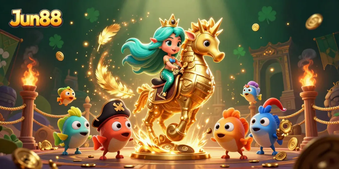 Experience thrilling fun at Jun88 with our colorful mermaid princess riding a golden seahorse!