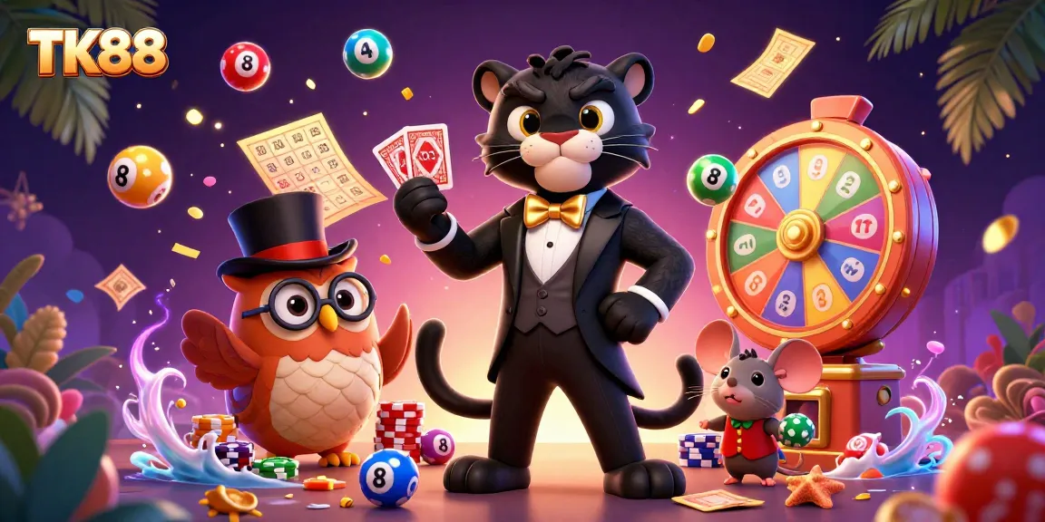 TK88 showcases a stylish panther, owl, and lucky mouse, all engaged in exciting gambling activities.