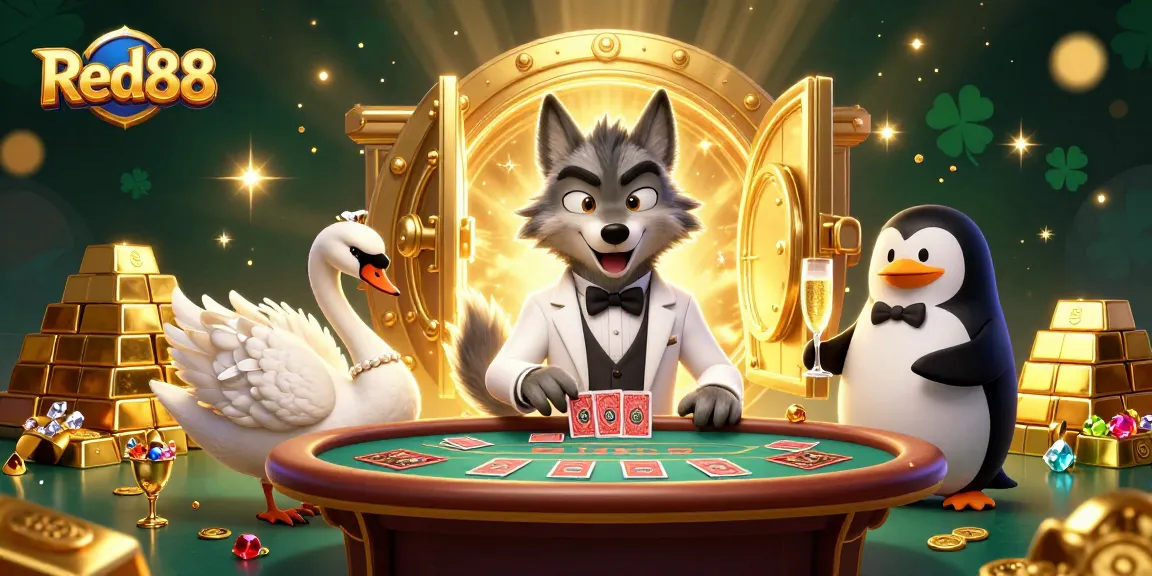 Red88 offers a vibrant baccarat scene with lively characters, sparkling treasures, and rich casino atmosphere.