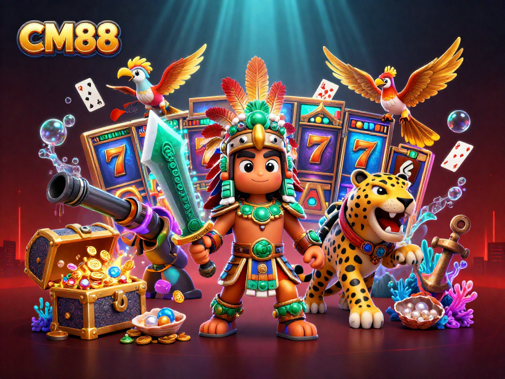 Experience thrilling slots and jackpots at CM88 with vibrant Aztec warriors and treasures.