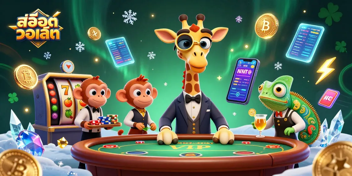 Spin and win with สล็อตวอเลท in a vibrant, dynamic casino scene featuring a high-roller giraffe and whimsical characters.