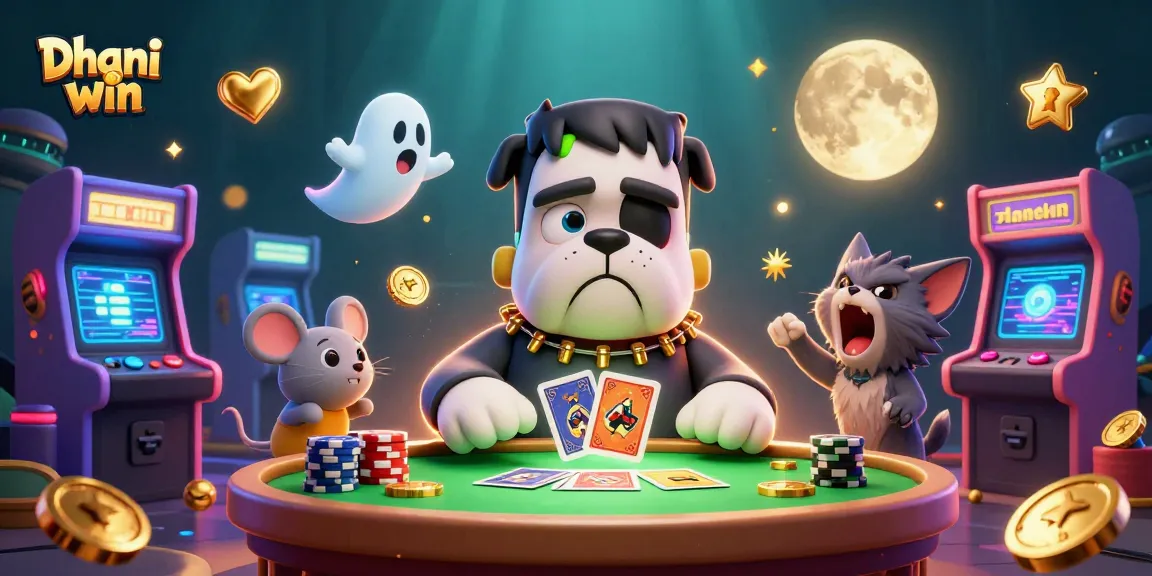 Dhani win featuring a cartoon monster dealer with spooky elements at a vibrant casino table