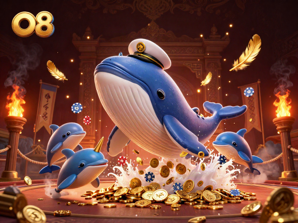 Experience thrilling wins at O8 with playful dolphins, a giant whale, and casino elements in a rich 3D scene.