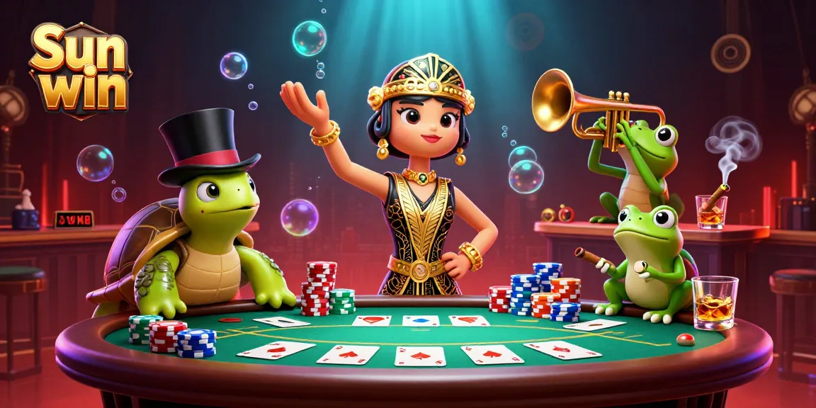 Experience the excitement of Sun win with a vibrant 3D casino illustration featuring colorful poker elements and lively characters.