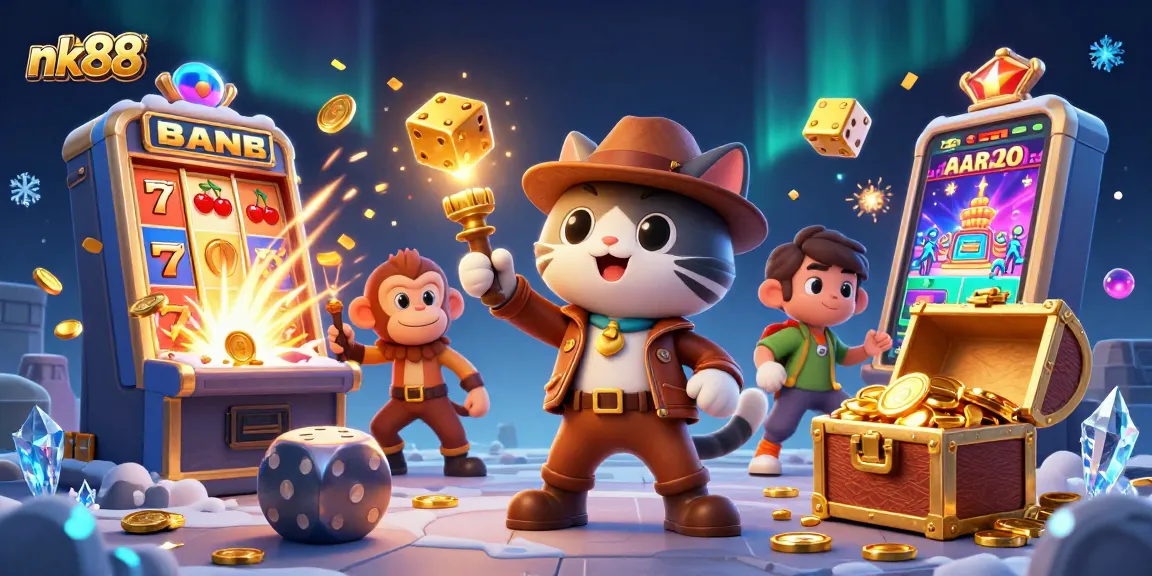 Engage with NK88 as the explorer cat uncovers a casino artifact amidst dynamic jackpot action.
