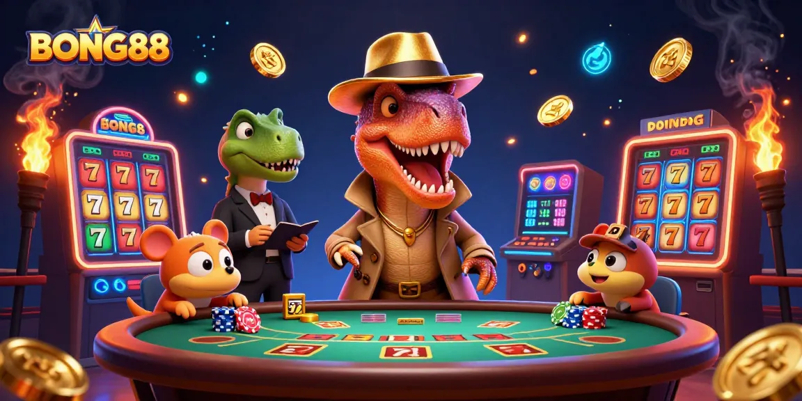 BONG88 velociraptor card counter at a blackjack table, surrounded by vibrant casino elements and neon arcade games.