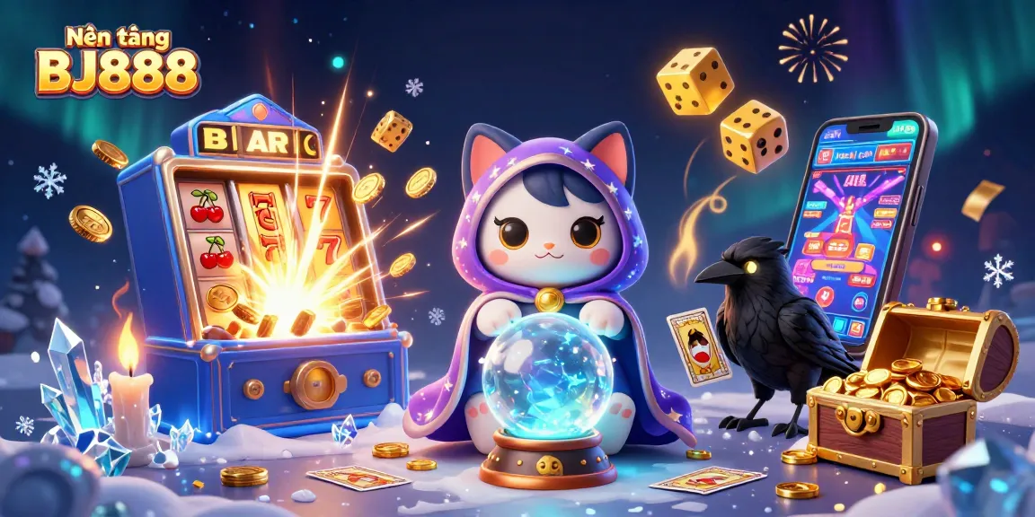 Nền tảng BJ888 showcases exciting gaming experiences with a vibrant 3D casino illustration.