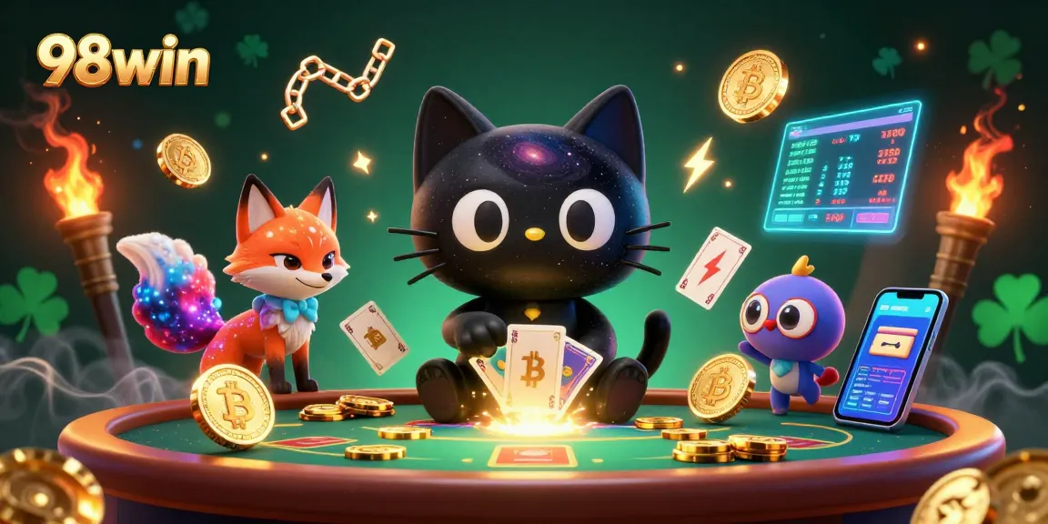 Engage with thrilling gaming action at 98win with a cosmic cat and crypto elements.