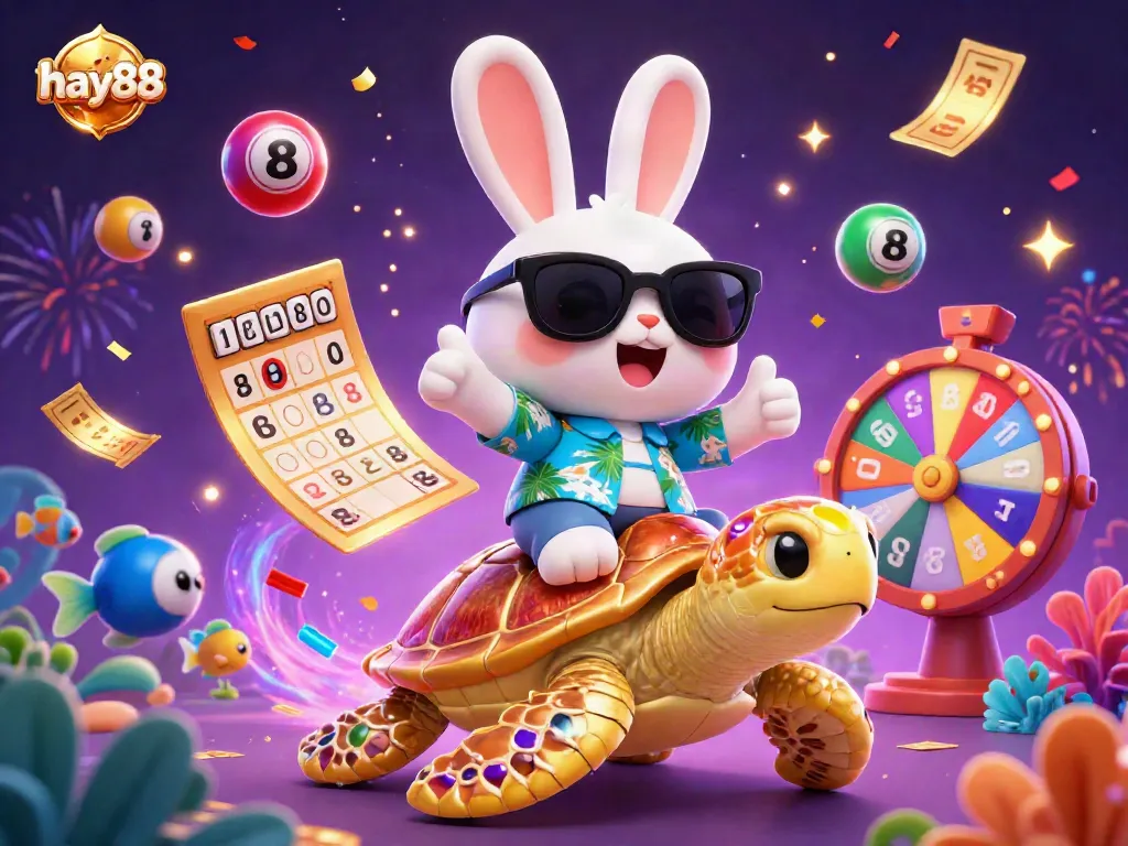 Engage in the excitement of hay88 with a vibrant illustration featuring a lucky rabbit and golden turtle amidst dynamic casino elements.