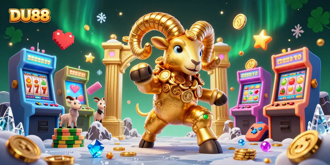 Engage with DU88 slots featuring a golden ram at the gate amidst vibrant gaming elements.