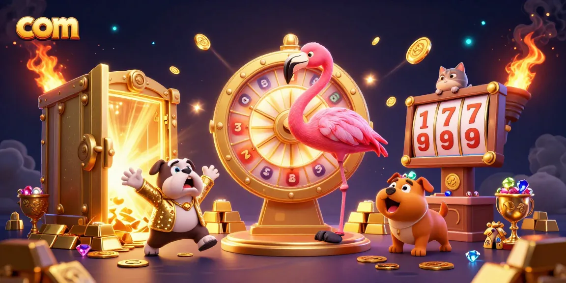 Spin to win exciting prizes with com in this vibrant 3D casino illustration featuring fun characters.