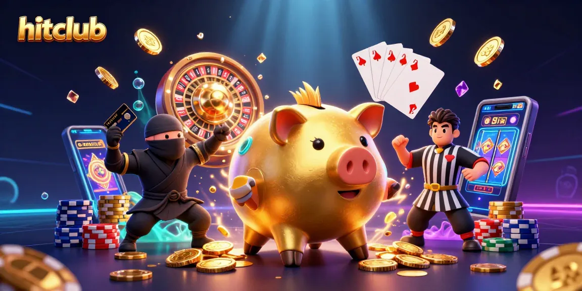 Witness the hitclub excitement with a golden piggy bank sumo wrestler amidst sparkling casino elements.