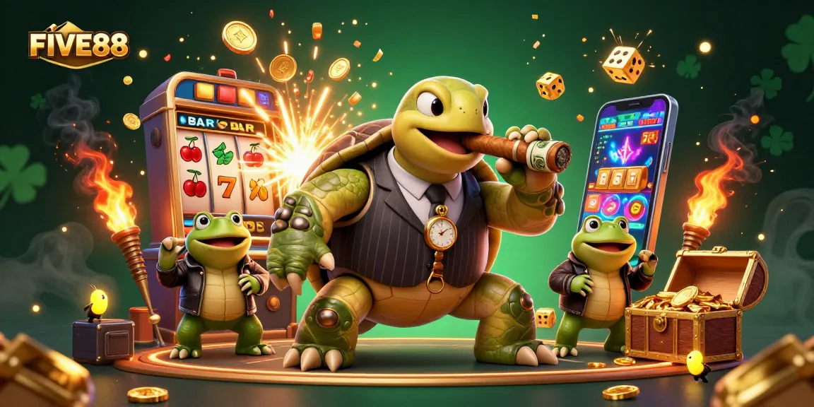 Win big with FIVE88 in a dynamic casino scene featuring a snapping turtle mascot and jackpot excitement.