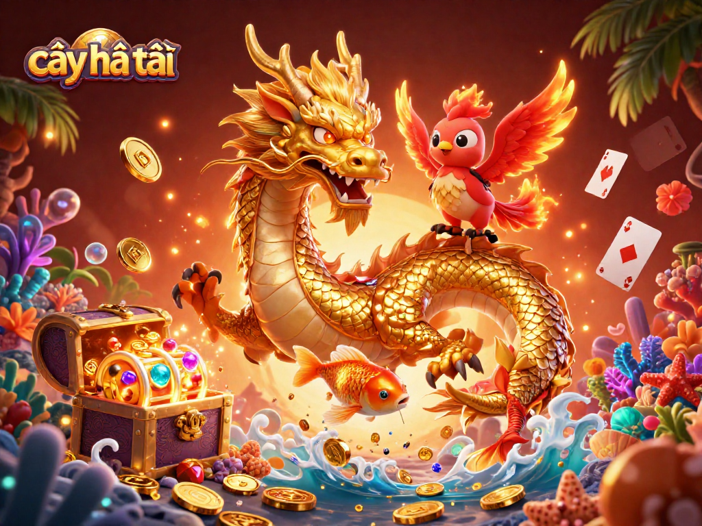 Catching big wins in cây phát tài with a golden dragon, koi fish, and vibrant casino elements in 3D.