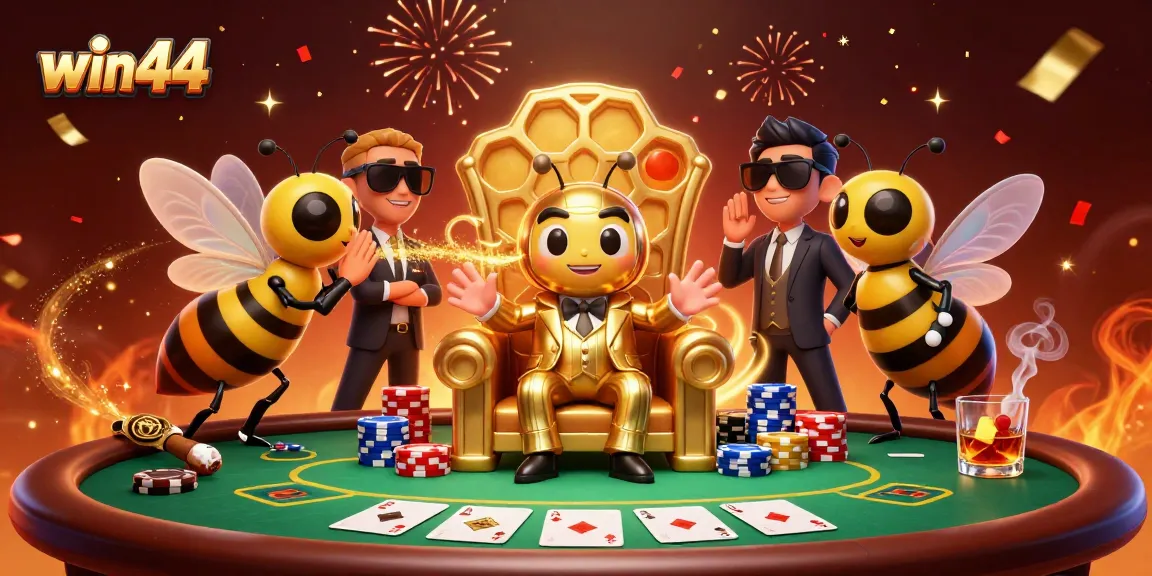 Win44's engaging casino scene showcasing a bumblebee mob boss and poker action with vibrant elements.