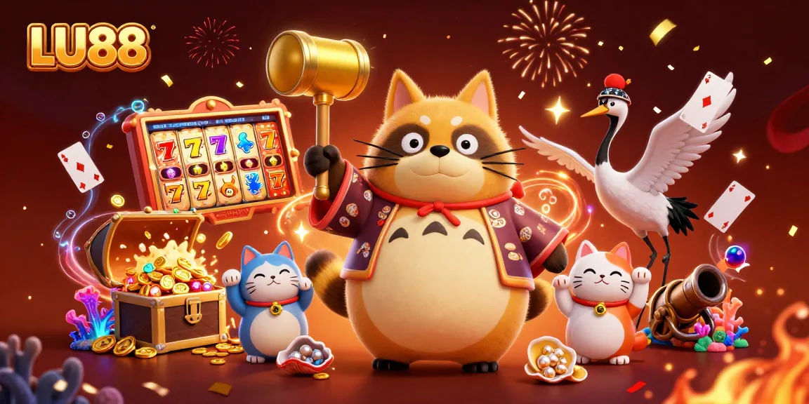 Join LU88's fun with a cheerful tanuki and lucky symbols in a vibrant casino scene.