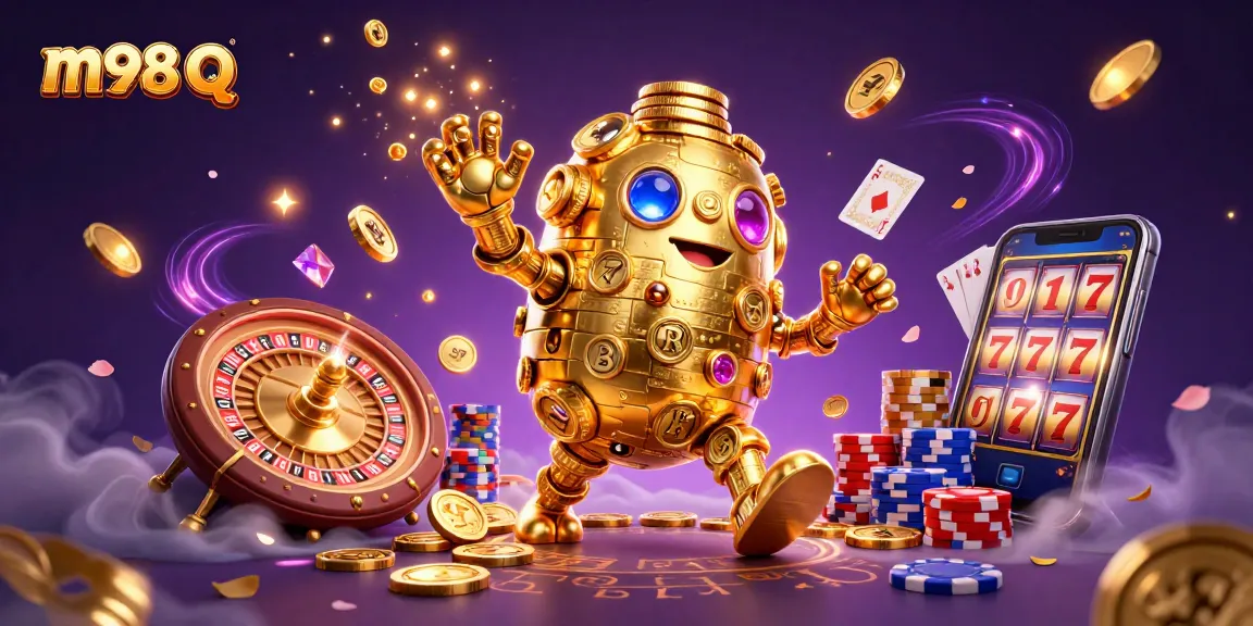 Experience the thrill of m98 q's casino gaming with a vibrant 3D illustration showcasing golden coins and gaming elements.