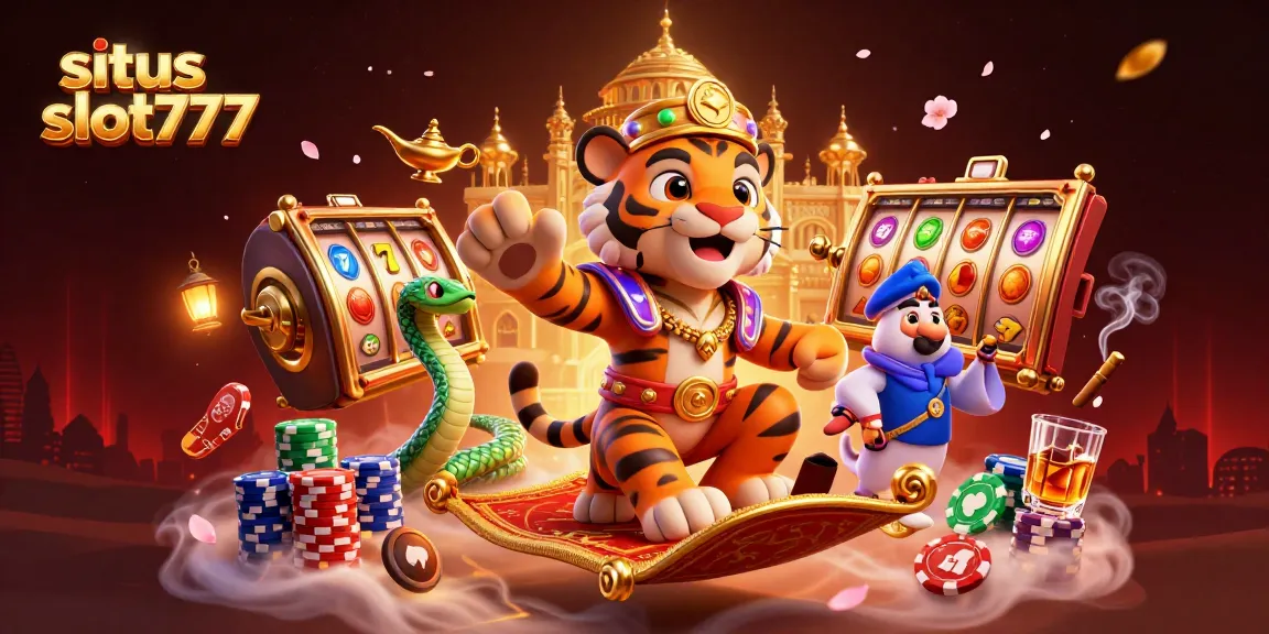 Situs slot777 features a 3D Arabian Nights-themed sultan, surrounded by dynamic slot game elements creating an immersive gambling experience.