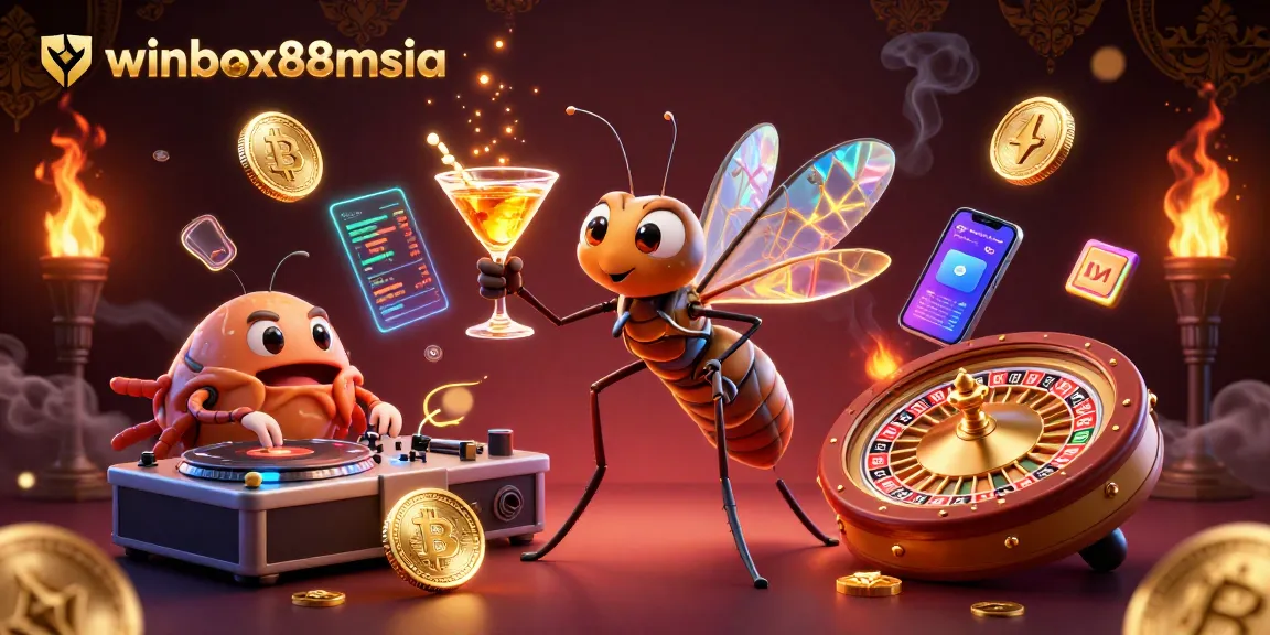 Experience the excitement at winbox88msia with a vibrant 3D casino illustration featuring unique characters and elements.