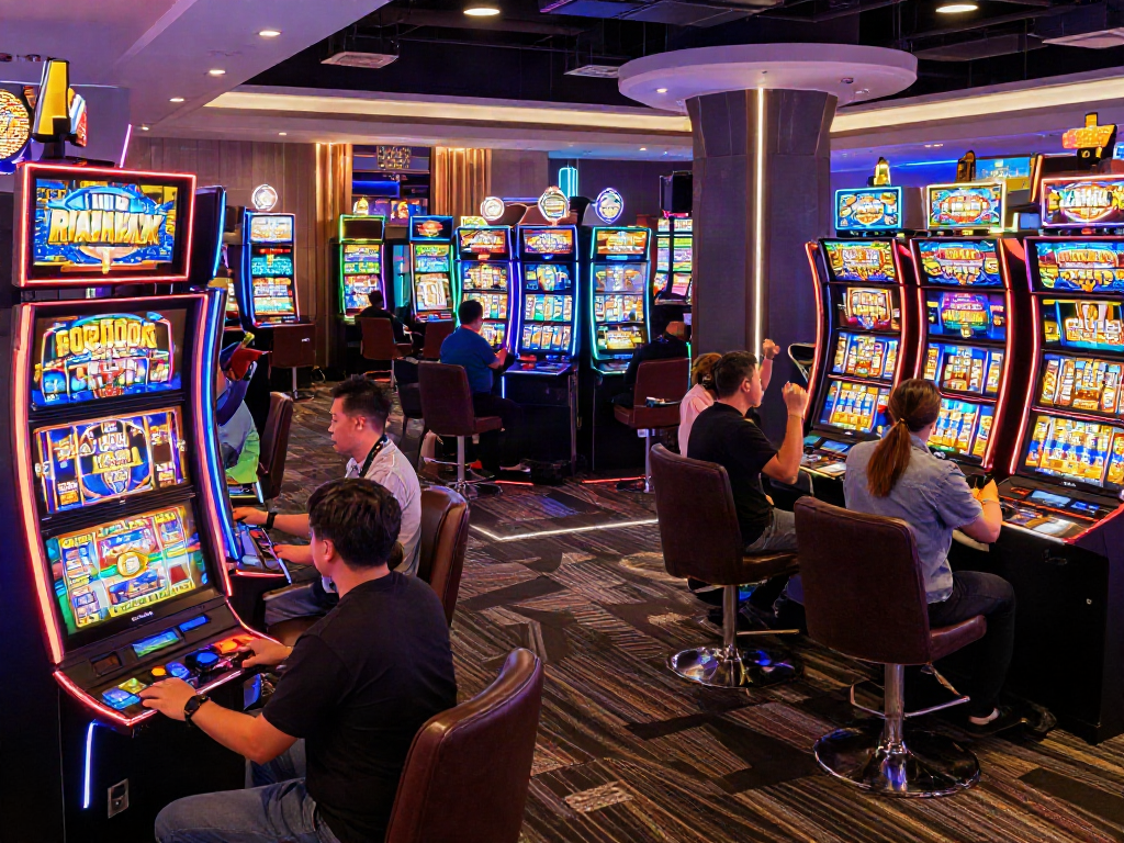 Players enjoying vibrant slot 10k machines in a lively casino setting, showcasing excitement and entertainment.
