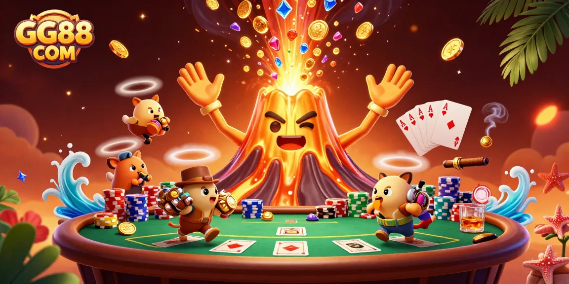 Experience excitement at GG88 COM with a triumphant golden volcano amidst a vibrant poker scene.