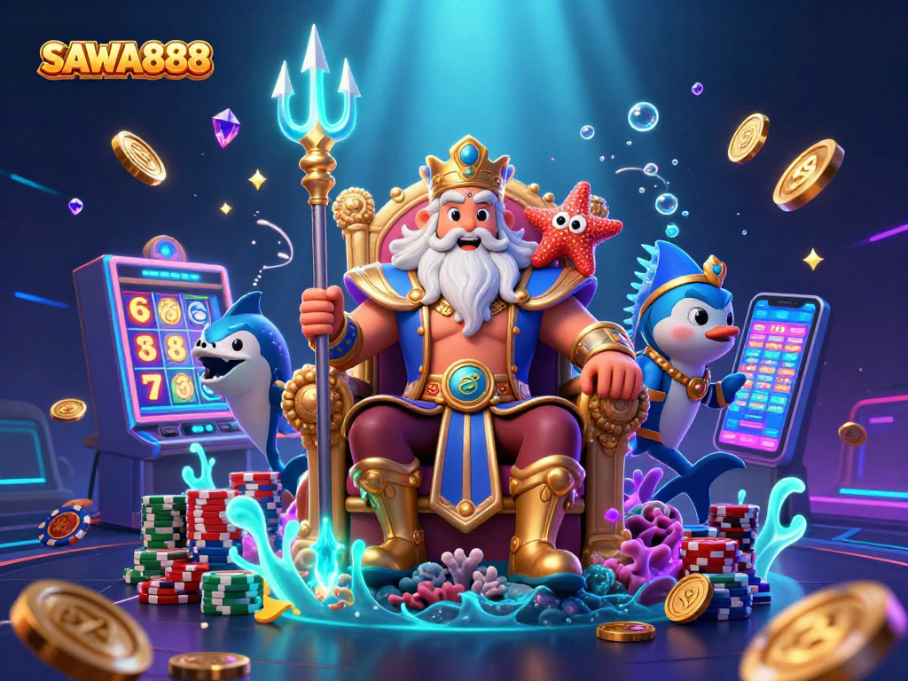 SAWA888 promotes exciting gaming opportunities with slot machines and vibrant casino elements.