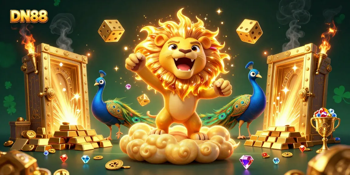 Experience thrilling games at DN88 with vibrant visuals and wealth symbols in this captivating illustration.
