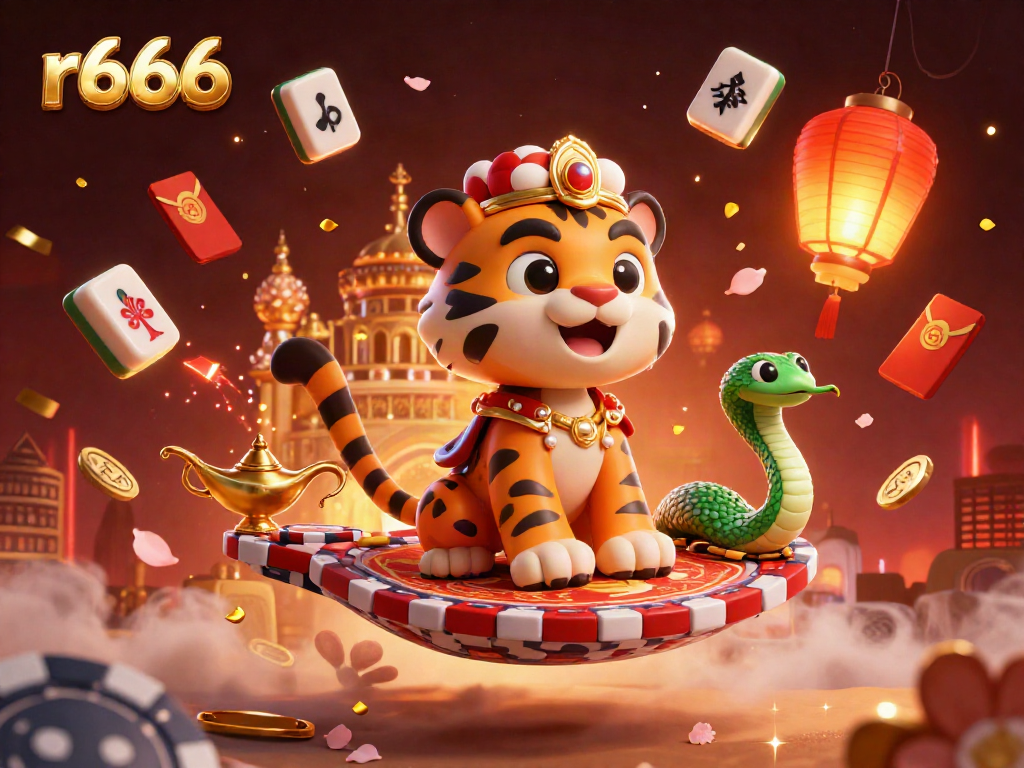 Engage with r666's vibrant online casino world through an illustrated scene of excitement and luck.