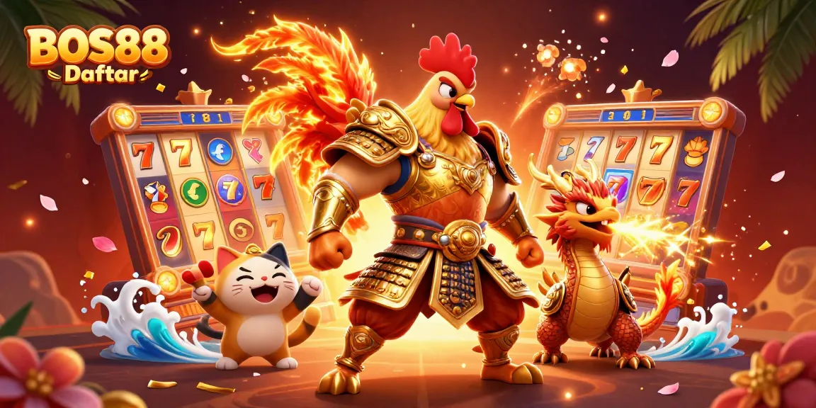 BOS88 Daftar menampilkan ayam jantan pejuang dan naga bersenjata dalam ilustrasi slot online menarik, penuh aksi.