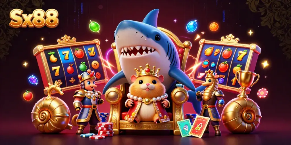 Sx88 captivating online casino scene with a hamster king, seahorse guards, and vibrant slot reels