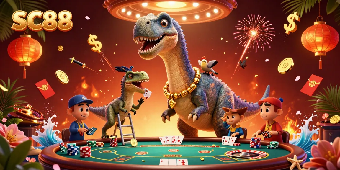 SC88 engages players with energetic poker fun featuring a humorous brontosaurus character.