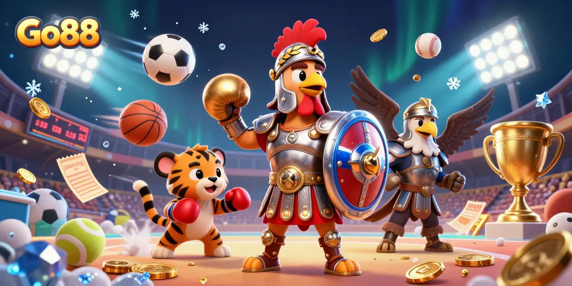 Experience the excitement of Go88 with a dynamic illustration featuring sports betting elements and a battle-ready rooster.